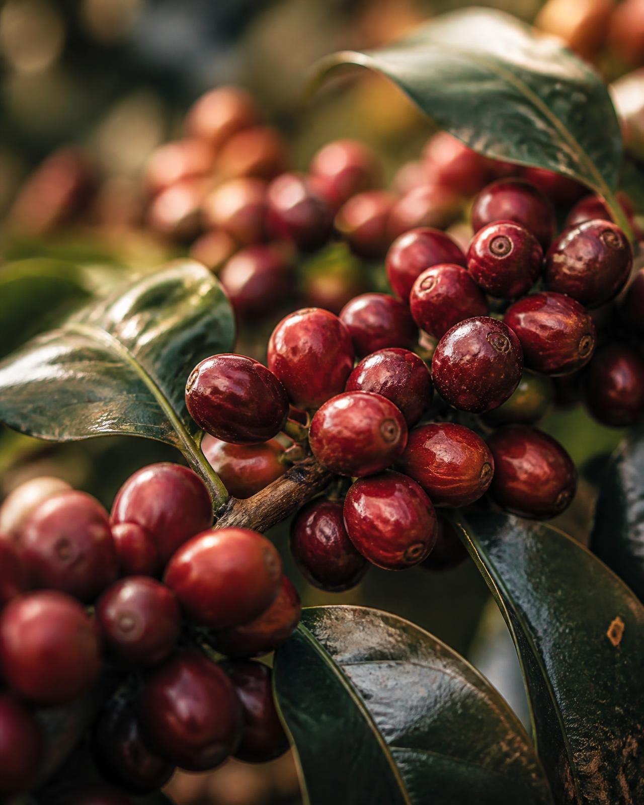 Ripe coffee cherries on the branch