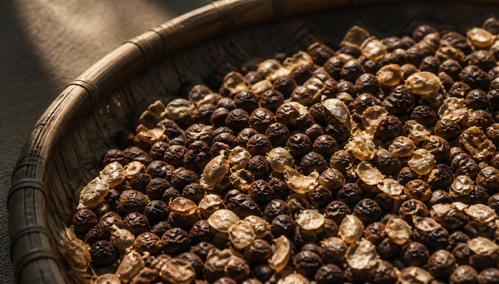 Dried coffee cherries and parchment resting in a woven tray