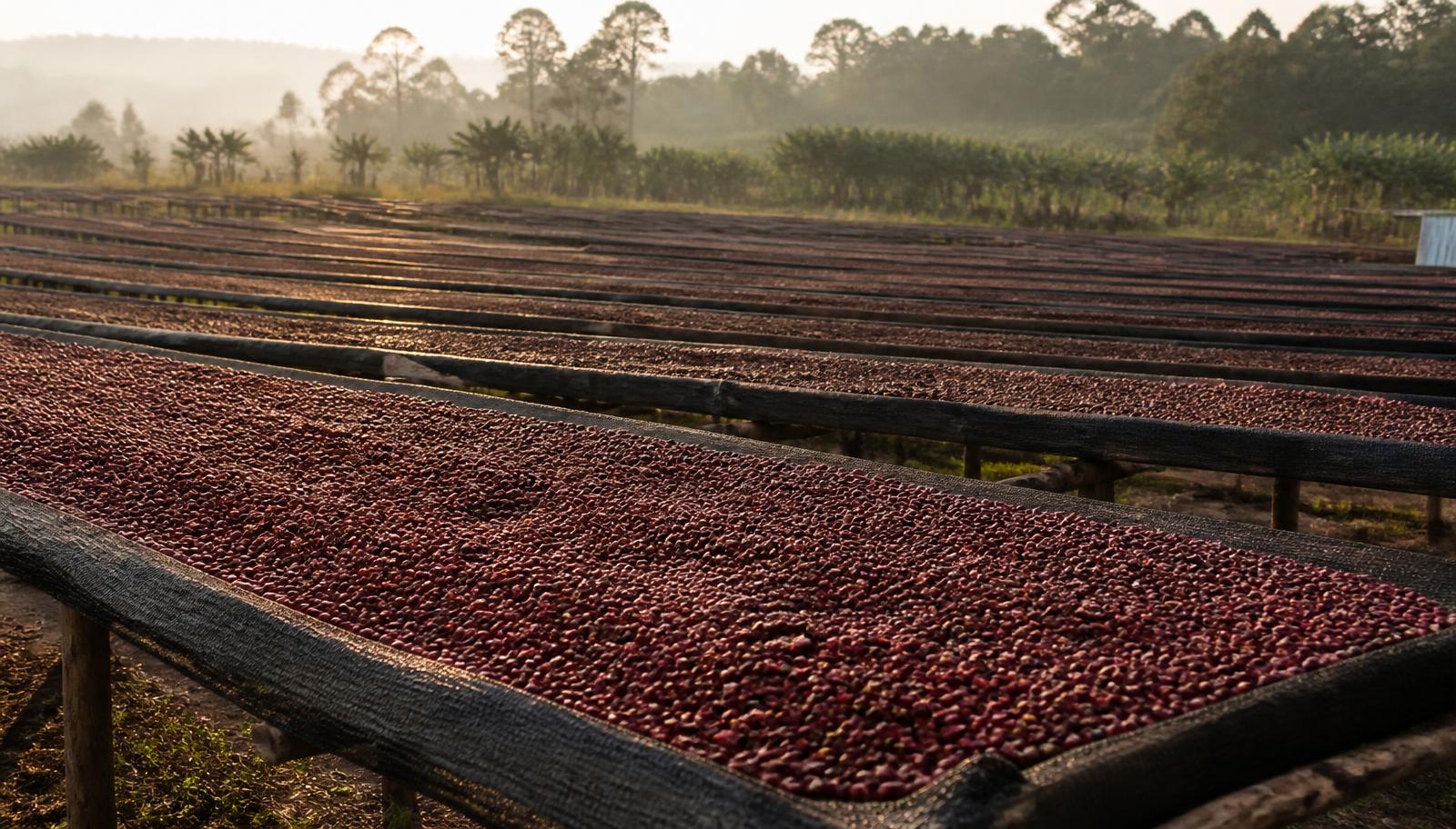 Coffee cherries drying on raised beds at first light
