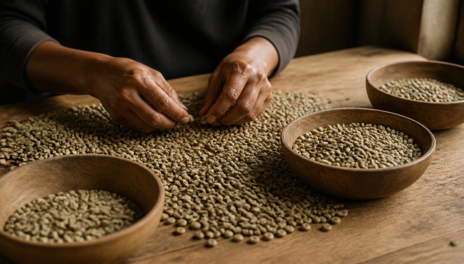 Hands sorting green coffee beans by hand on a wooden table