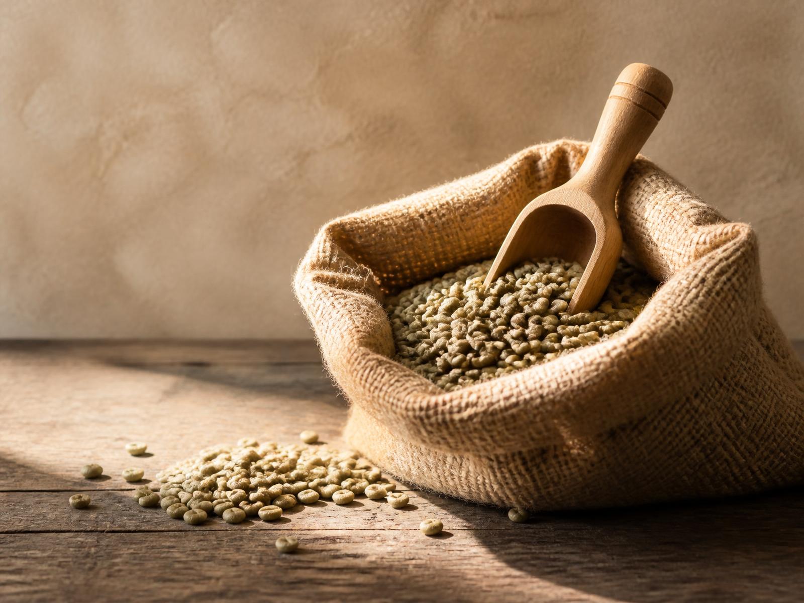 Green unroasted coffee beans in a jute sack with a wooden scoop