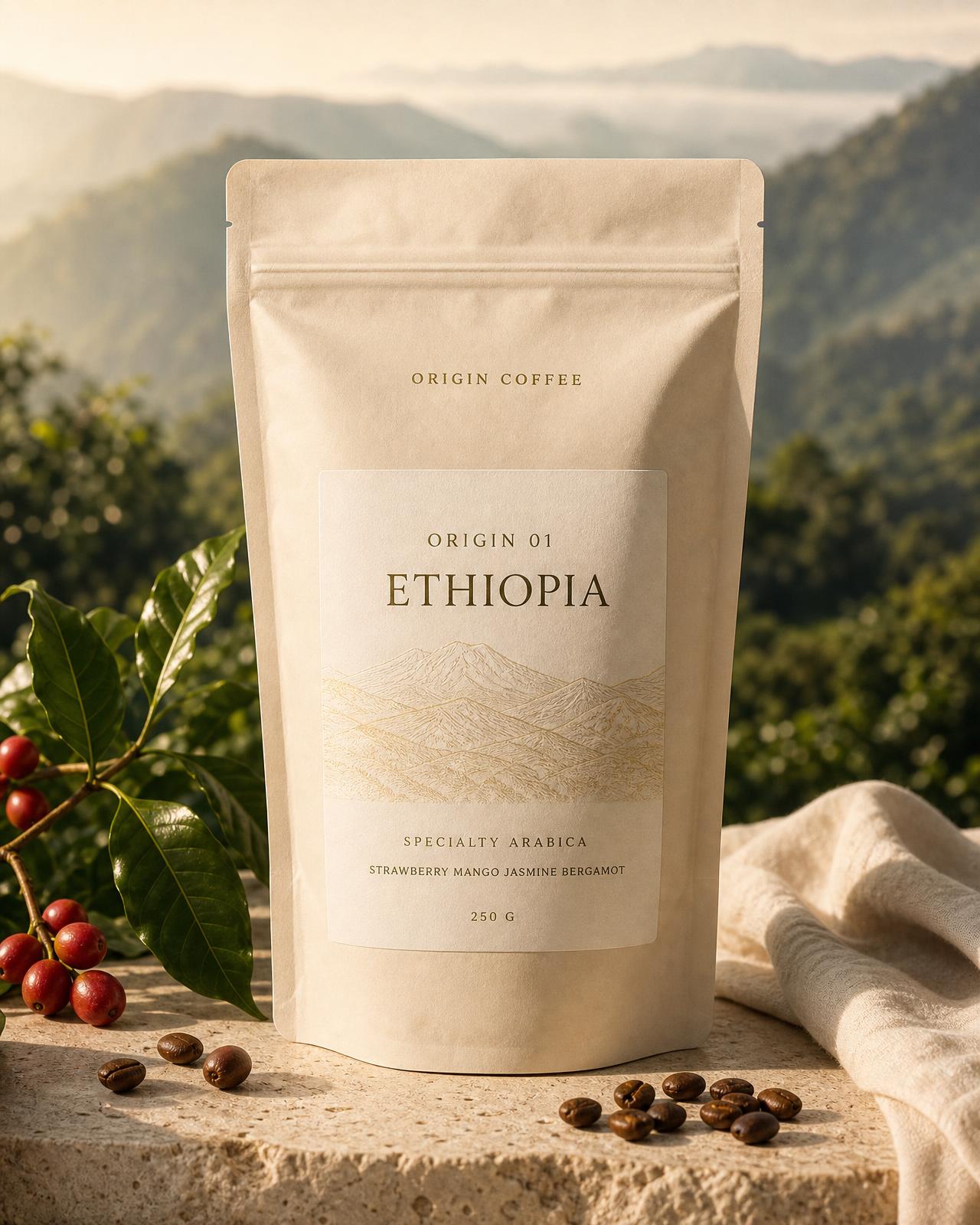 ORIGIN 01 Ethiopia specialty coffee packaging on a warm neutral surface